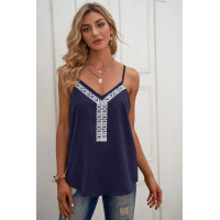 Blue Sleeveless Lace V Neckline Tank Top