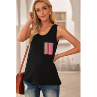 Black Casual Women Tank Top with Multicolor Pocket