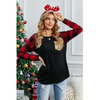 Sequined Pocket Plaid Raglan Black Top