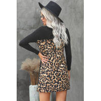 Leopard Print Splicing Black Cotton Mini Dress