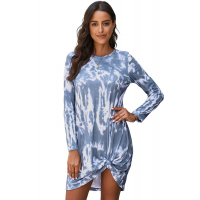 Blue Tie-dye Pullover Long Sleeve Mini Dress