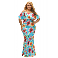 Turquoise Roses Print Off-the-shoulder Maxi Dress