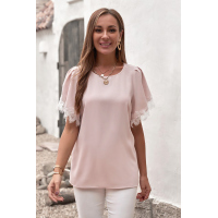 Pink Satin Lace Flutter Sleeve Top