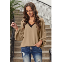 Khaki Lace V Neck Balloon Sleeves Top