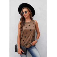 Brown Star Print Knit Tank with Slits