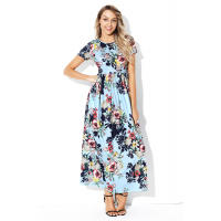 Pocket Design Short Sleeve Light Blue Floral Maxi Dress