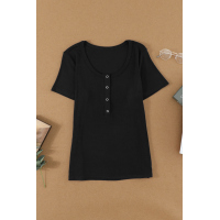 Black Scoop Neck Buttoned Front Ribbed Knit Short Sleeve Top