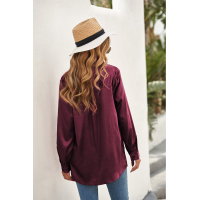 Wine Satin Button Shirt with Pocket