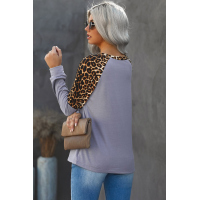 Gray Leopard Stitching Long Sleeve Top