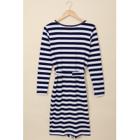 Blue Striped Pocket Long Sleeve Mini Dress With A Belt