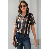 Black Brown Striped Short Sleeve Button Shirt