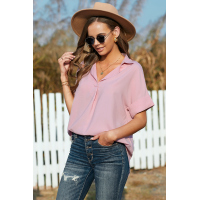 Pink Short Sleeve Button Solid Shirt