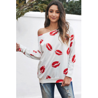 White Valentine’s Day Lip Prints Long Sleeve Top