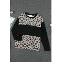 Black Latter Colorblock Leopard Print Long Sleeve Top