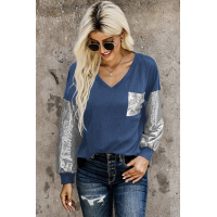 Sequin Splicing Blue V Neck Bishop Sleeves Top