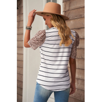 Leopard Ruffle Sleeve Striped T-shirt