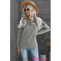 Gray Long Sleeve Top With Leopard Snakeskin Print