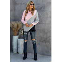 Pink Turtle Neck Sloping Color Block Long Sleeve Top