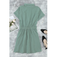 Green Polka Dot Shirt Collar Short Sleeve Mini Dress