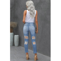 Light Blue Cut Out Distressed Ripped Pockets High Waisted Long Jeans