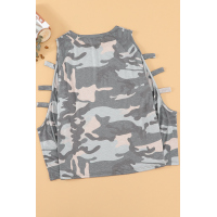 Gray Camouflage Shoulder To Hollow Out Long Sleeve Top