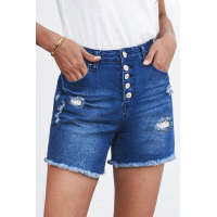 Blue Frayed Hem Single-breasted Ripped Denim Shorts