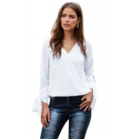 White V Neck Ruched Tie Sleeve Top