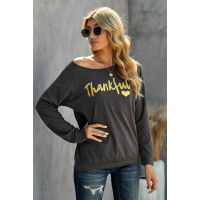 Gray THANKFUL Print Off Shoulder Long Sleeve Top without Strap