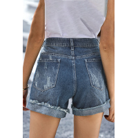 Distressed Ripped Rolled Hem Blue Denim Shorts