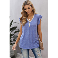 V Neck Buttoned Lace Trim Short Sleeve Tee