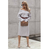 Gray Ribbed Midi Sweater Dress