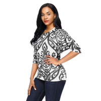 White Black Damask Print Half Sleeve Top