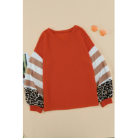 Orange V Neck Leopard Stripe Splice Lantern Sleeve Top