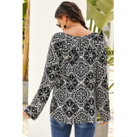 Black Long Sleeve V Neck Printed Chiffon Blouse