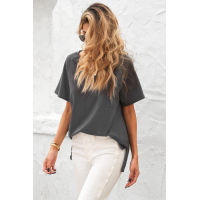 Gray V Neck Short Sleeves Cotton Blend Tee with Front Pocket and Side Slits