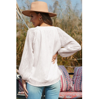 Beige V Neck Lantern Sleeve Textured Solid Top