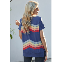 Blue Colorful Wavy Stripes Print Short Sleeve Tee