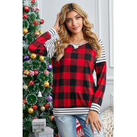 Red Buffalo Plaid Stripe Splicing Long Sleeve Top