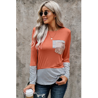 Pink Stripe Pocket Sequins Splicing Long Sleeve O-neck Top