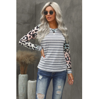 Gray Ombre Leopard Print Stripe Splice Long Sleeve Top