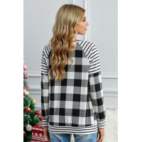 Black Buffalo Plaid Stripe Splicing Long Sleeve Top