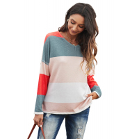 Color Block V Neck Long Sleeve Top with Side Slits