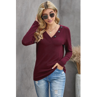 Wine V-neck Button Solid Color Long Sleeve Top