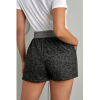 Gray Leopard Print Drawstring Waist Shorts