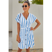 Sky Blue Fashion Stripe Short Sleeve Casual Dress