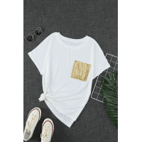 Sequin Pocket White Short Sleeve T-shirt