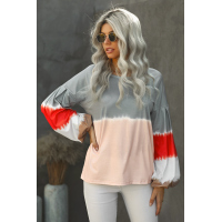 Gray Ombre Tie-dye Colorblock Lantern Sleeves Top