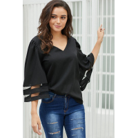 Black Flare Sleeve V Neck Loose Blouse