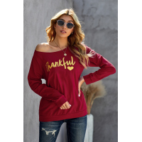 Burgundy THANKFUL Print Off Shoulder Long Sleeve Top without Strap