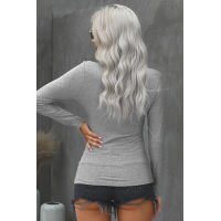 Gray Scoop Neck Buttoned Front Long Sleeve Knitted Top